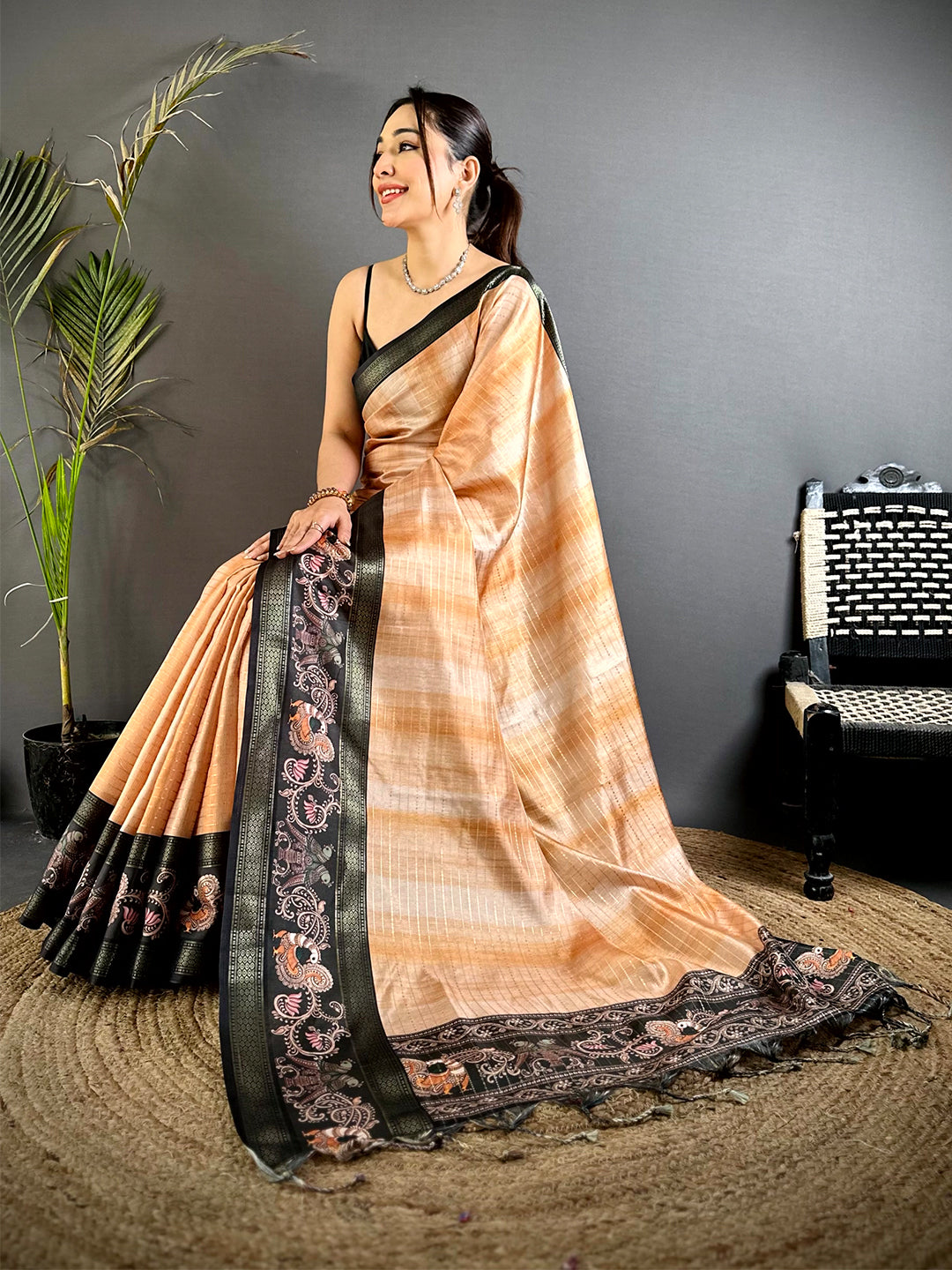 Peach Shibori Print Semi Silk Saree