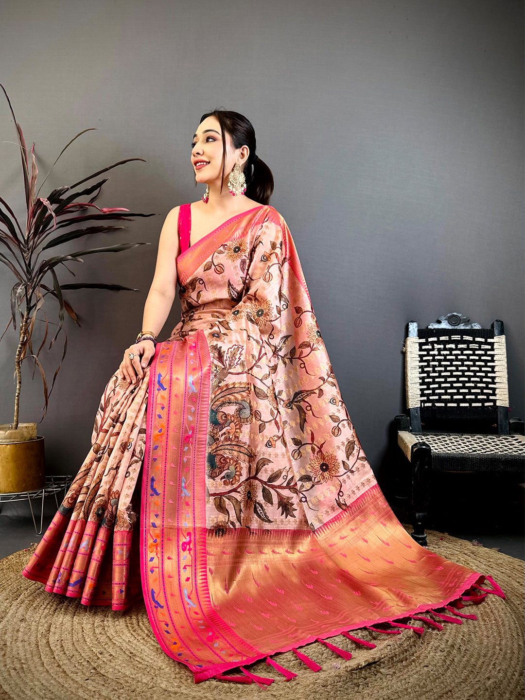 Peach Paithani Border Kora Tissue Saree
