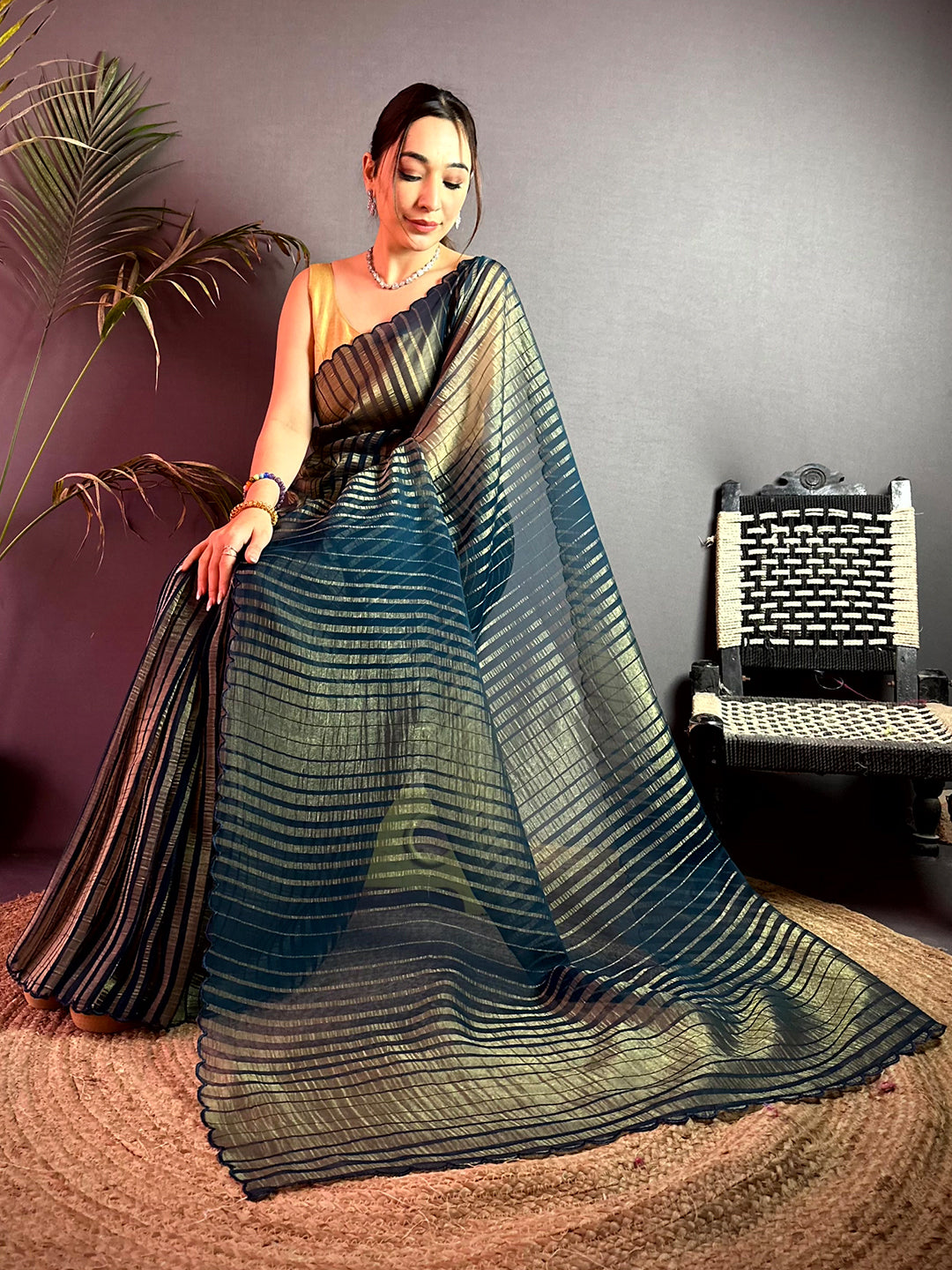 Opulent Gold Zari Striped Chiffon Saree