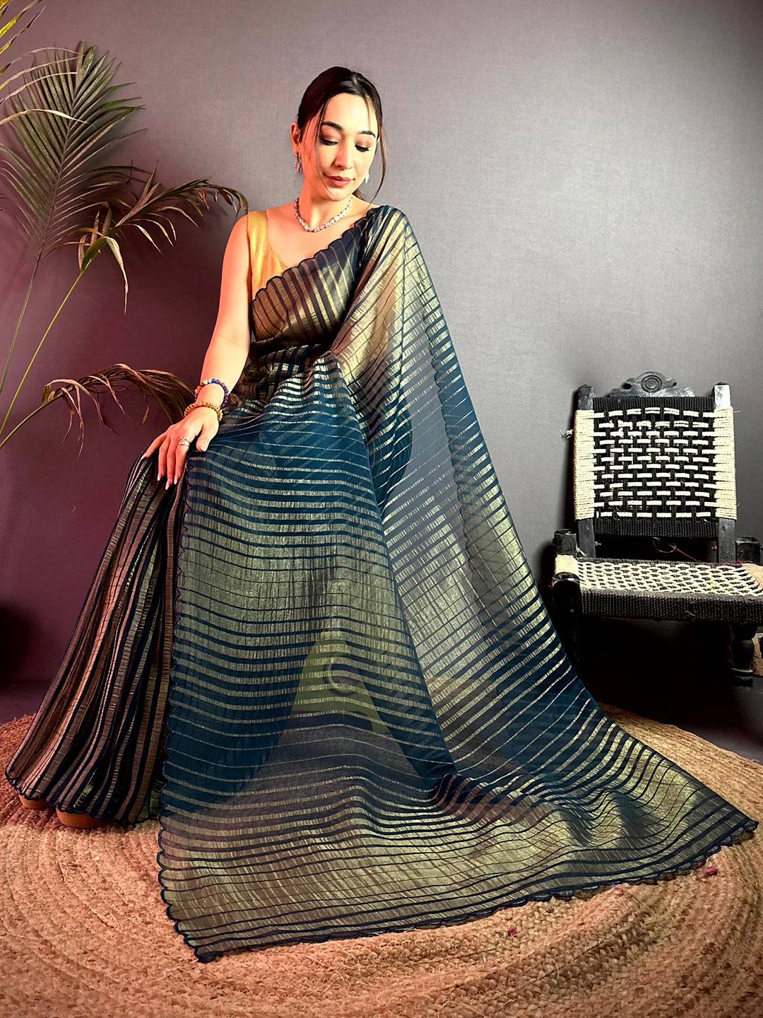 Opulent Gold Zari Striped Chiffon Saree