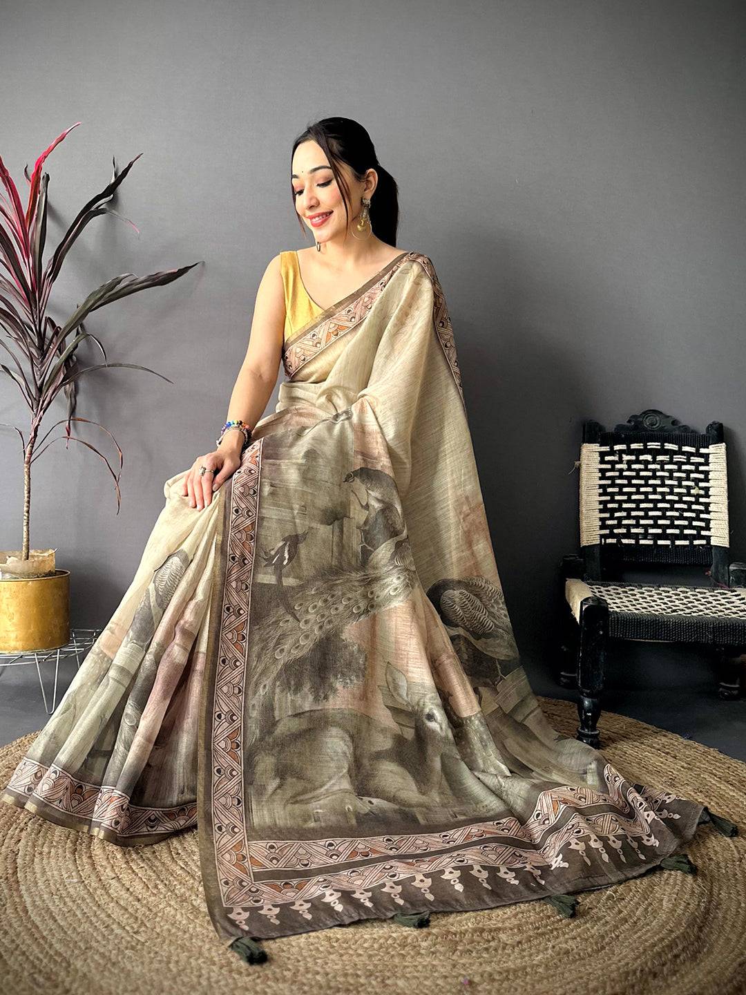 Classic Art Poster Pallu Kalamkari Linen Saree