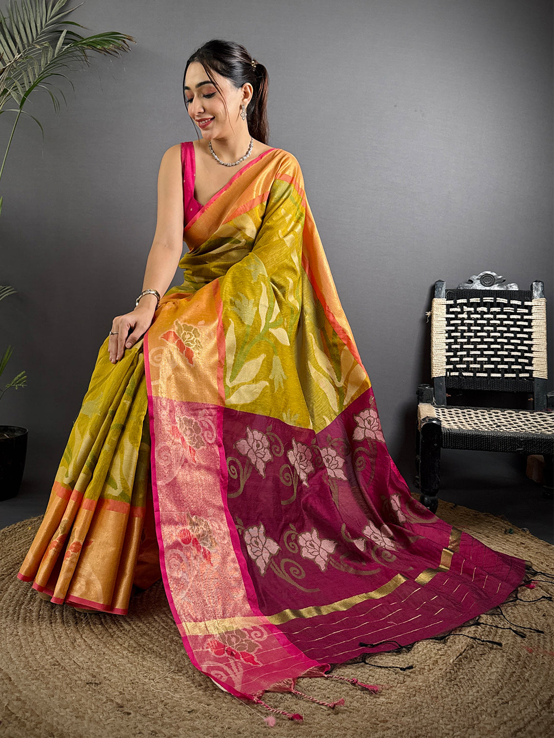 Yellow Soft Chanderi Pochampally Ikkat Saree