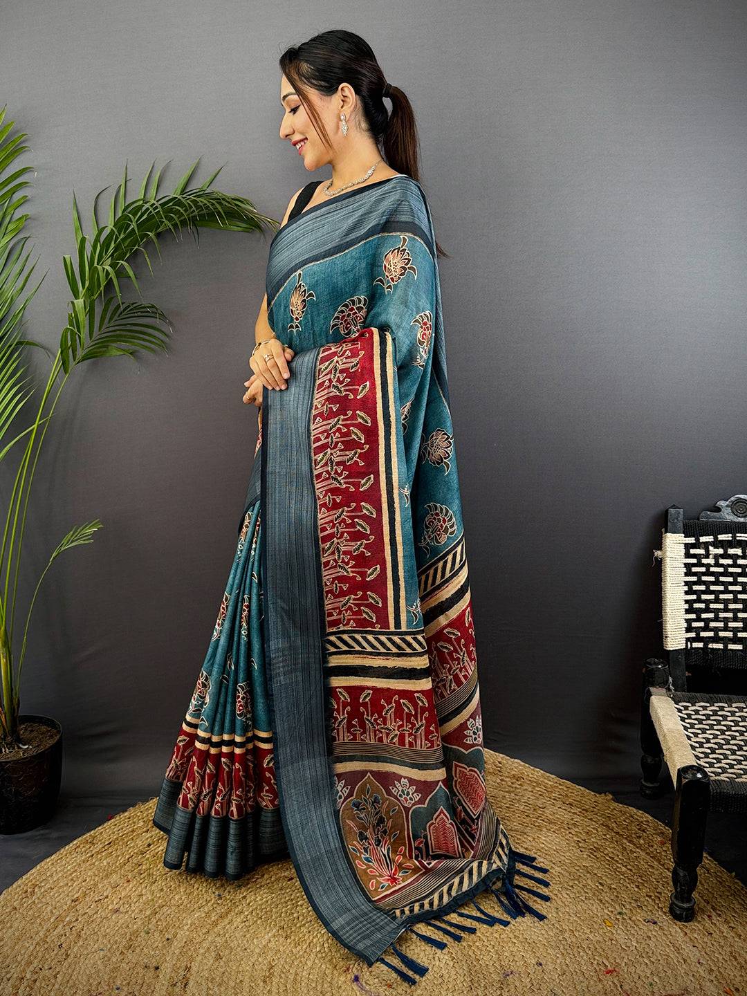 Teal Linen Block Kalamkari Print Saree