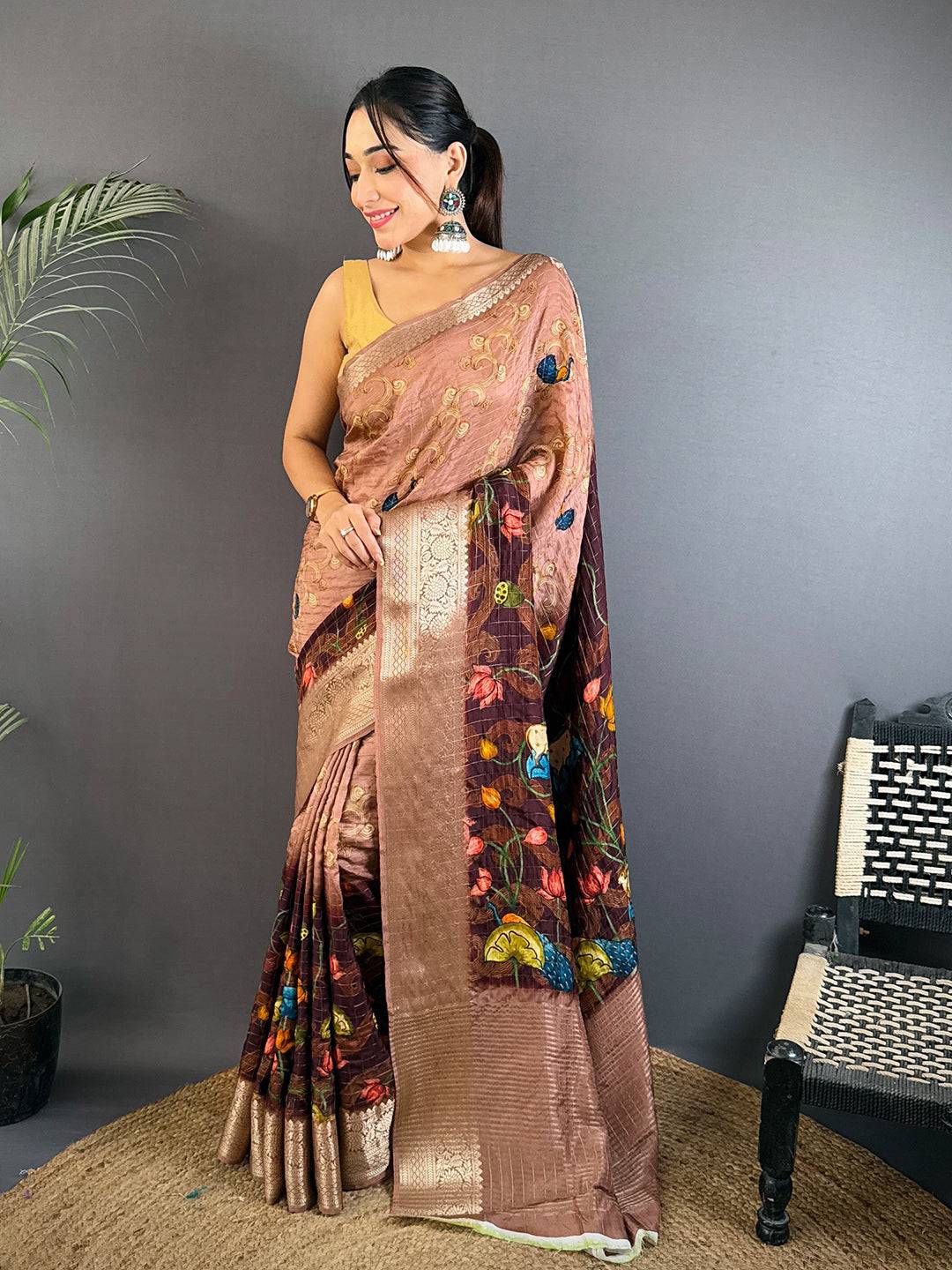Brown Viscose Kanchi Pattu Border Saree