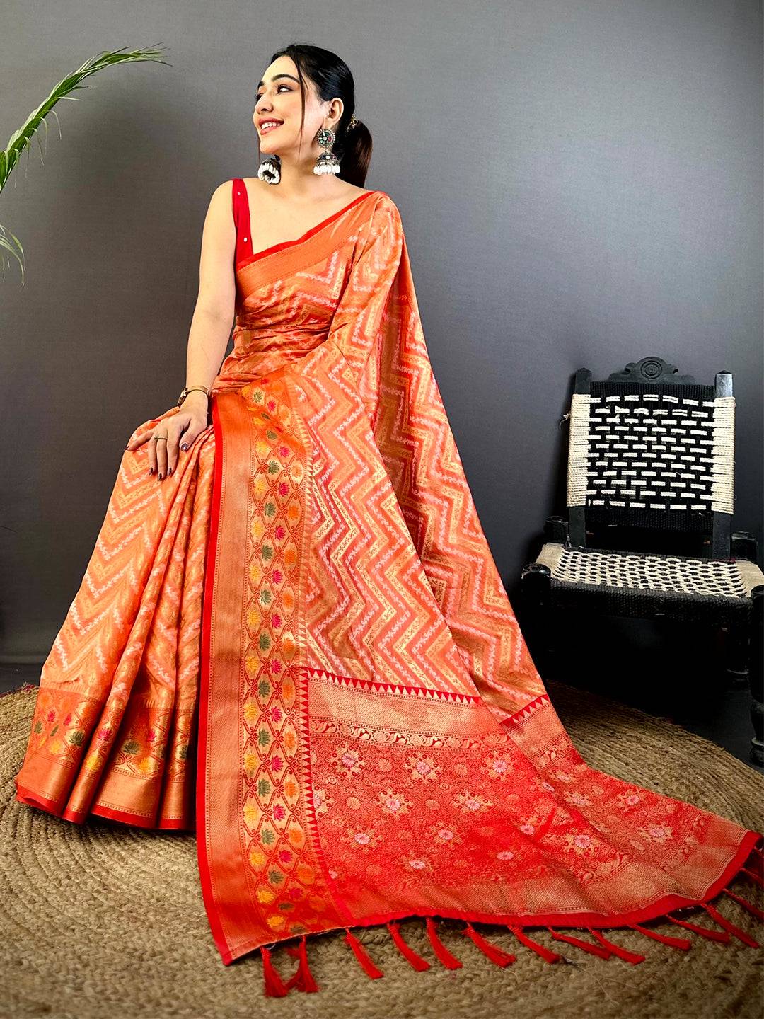 Peach Banarasi Zic Zac Katan Silk Saree