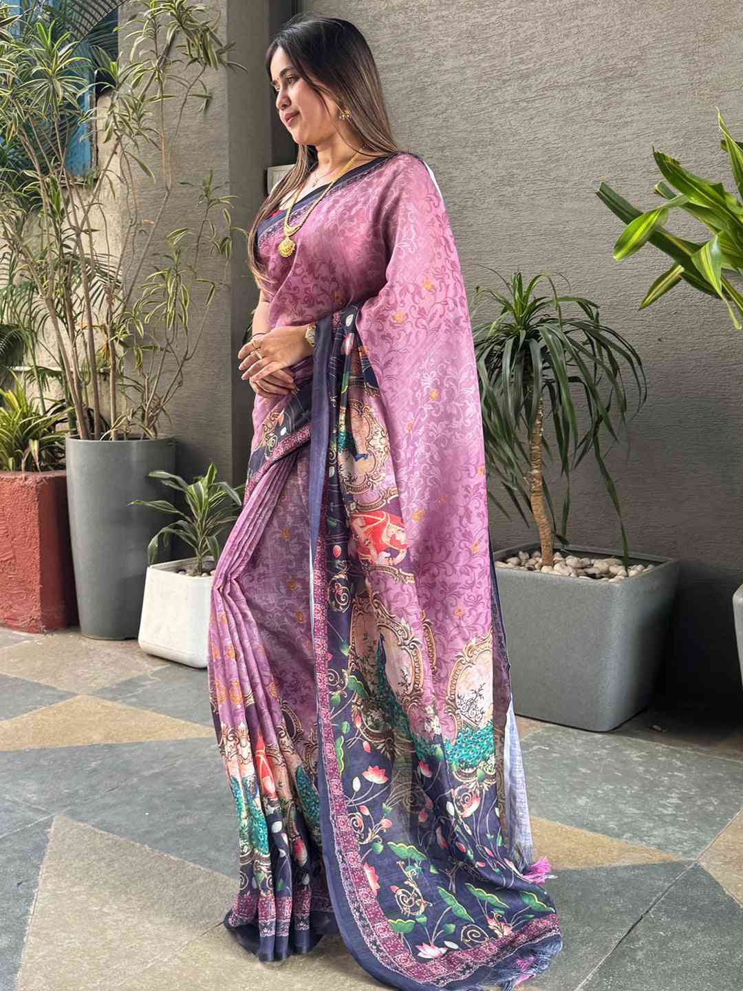 Elegant purple saree with digital print and detailed border
