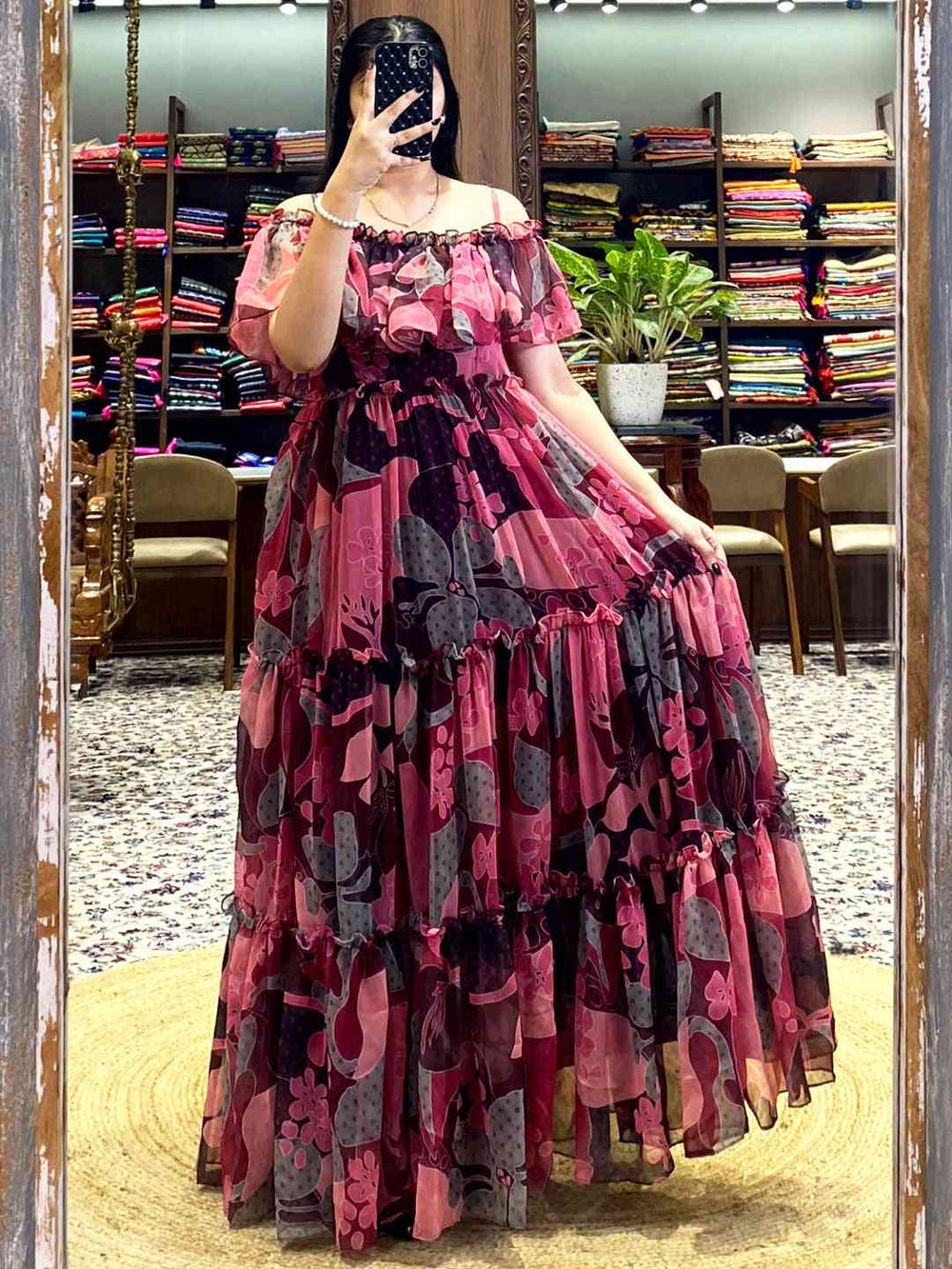 Brown Georgette Abstract Dress