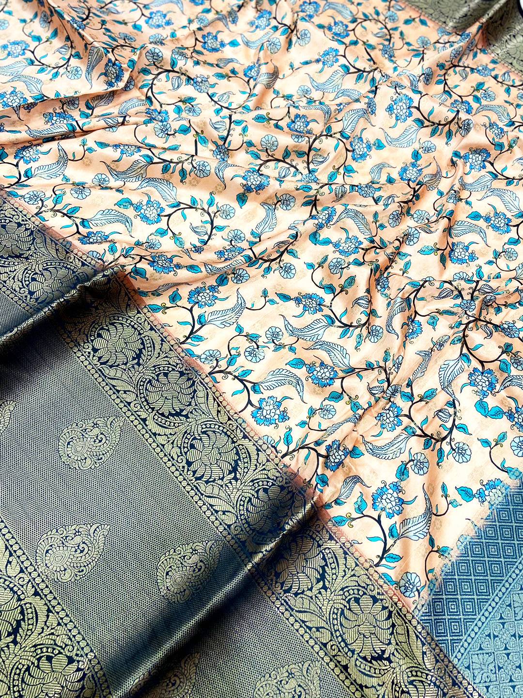 Off White Floral Printed Banarasi Silk Saree