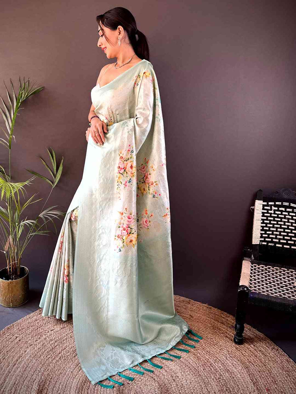 Ethereal Mint Kanjivaram Digital Silk Saree