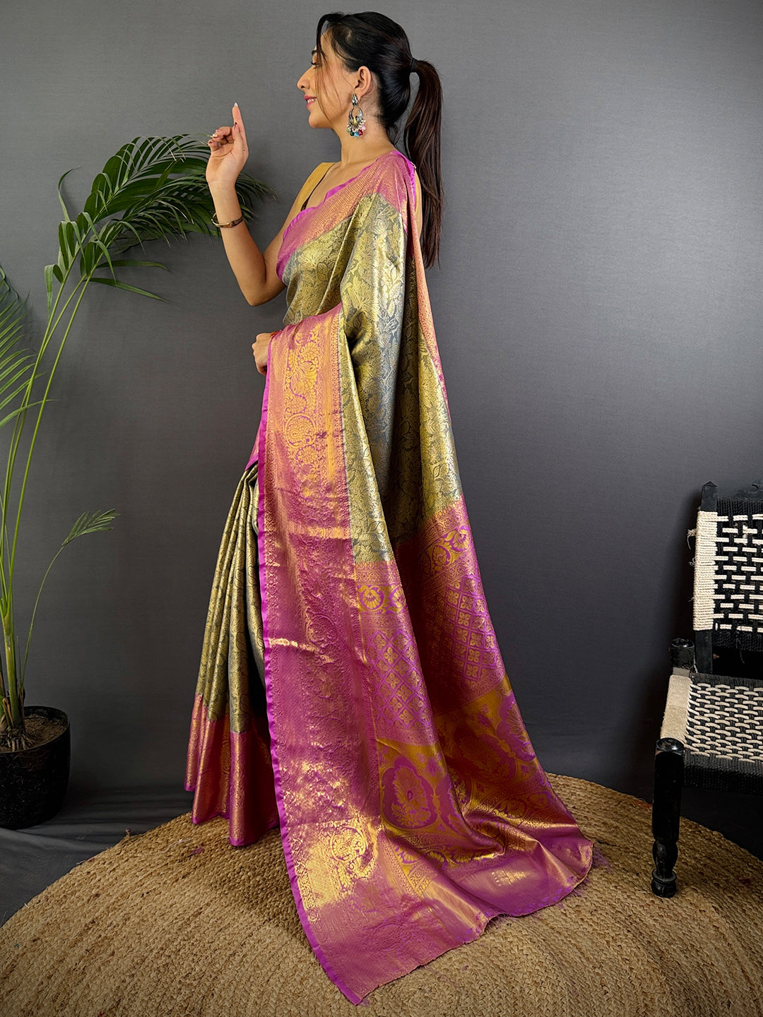 Grey Golden Threadwork Dharmavaram Saree