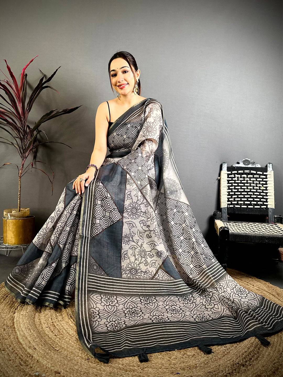 Radiance Ajrakh Print Linen Saree