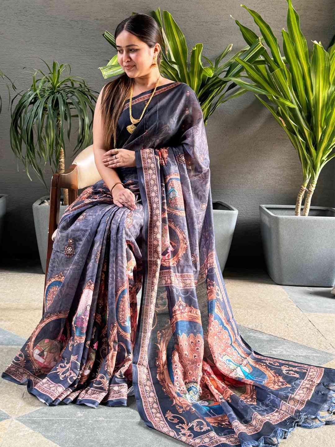 Exclusive Blue Colour Linen Saree with Digital Print