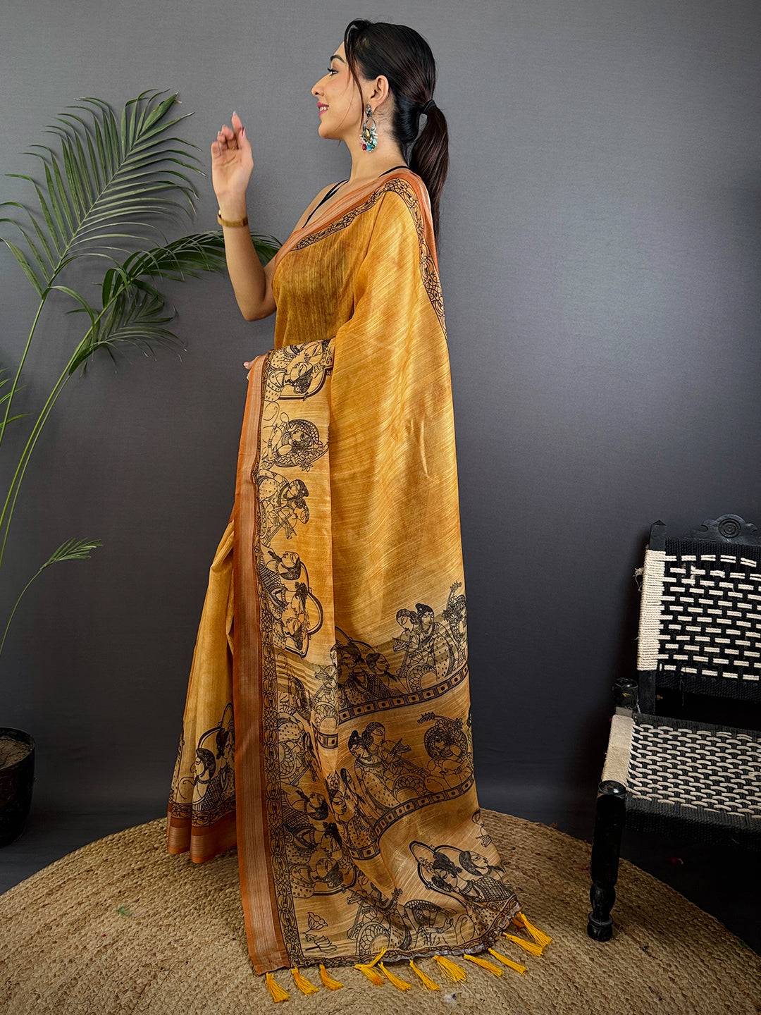 Mustard Linen Kalamkari Printed Saree