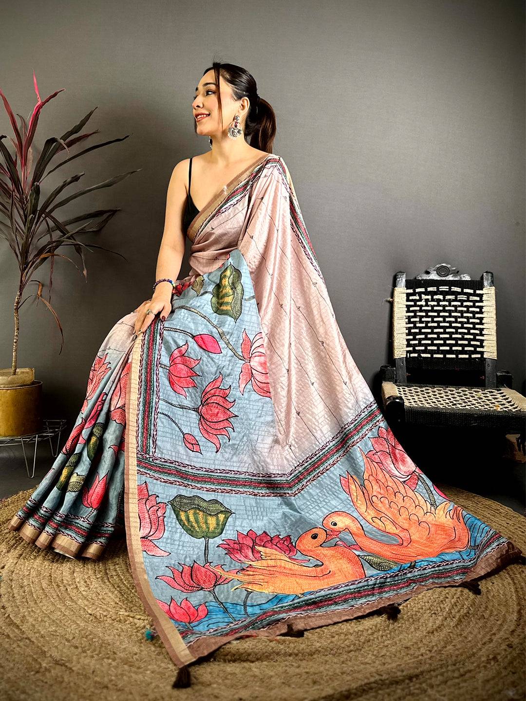 Radiant Madhubani Katha Effect Tussar Saree