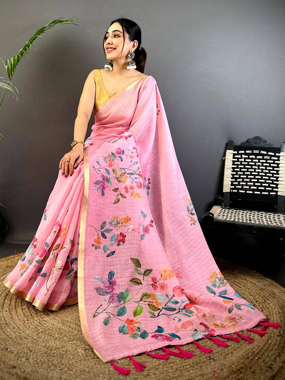 Pink Linen Chex Floral Saree