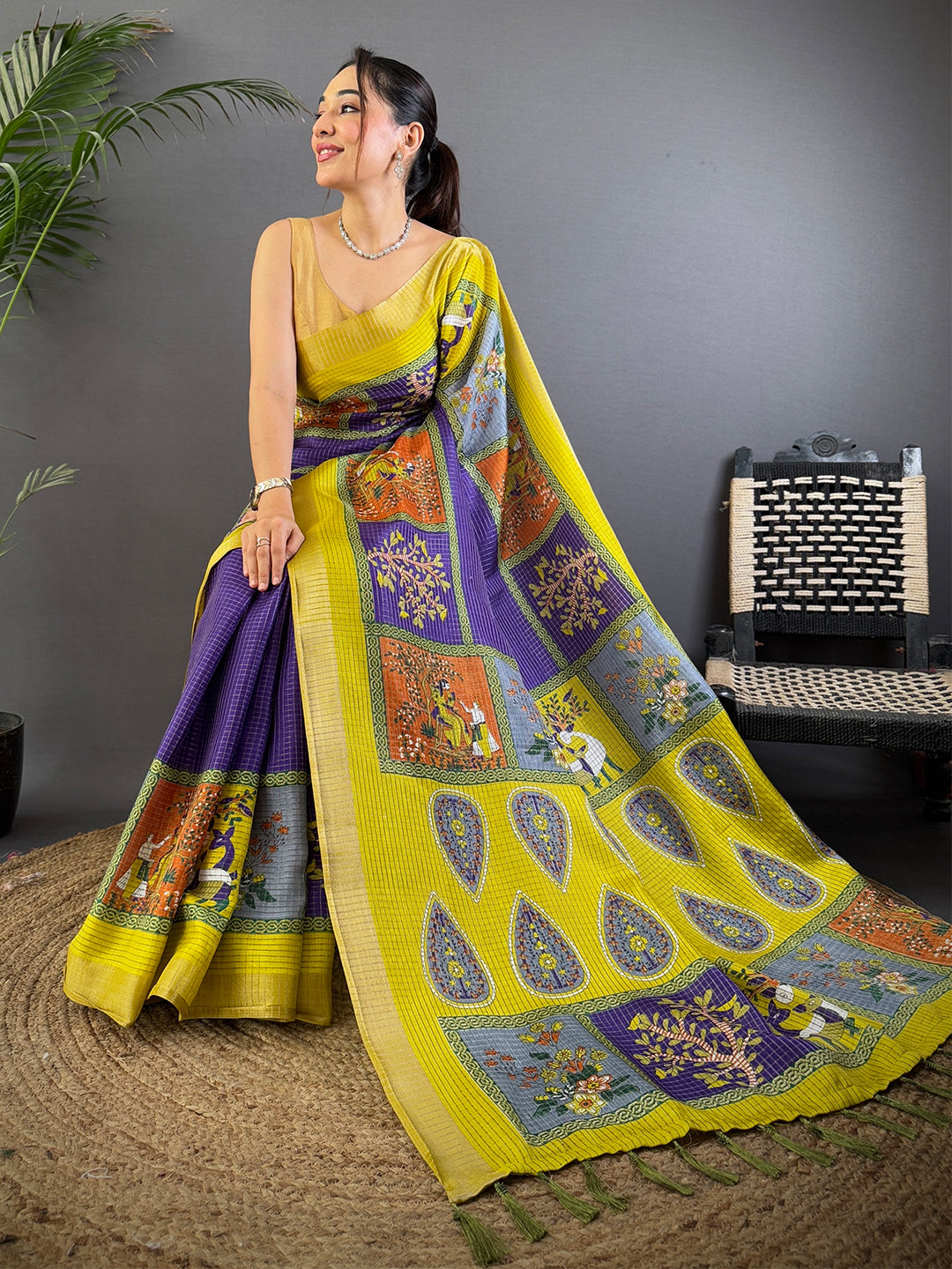 Royal Blue Tussar Kalalmkari Print Saree