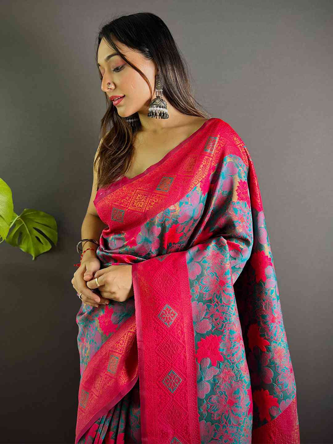 Rama Soft Silk Butta Weaving Saree draped elegantly