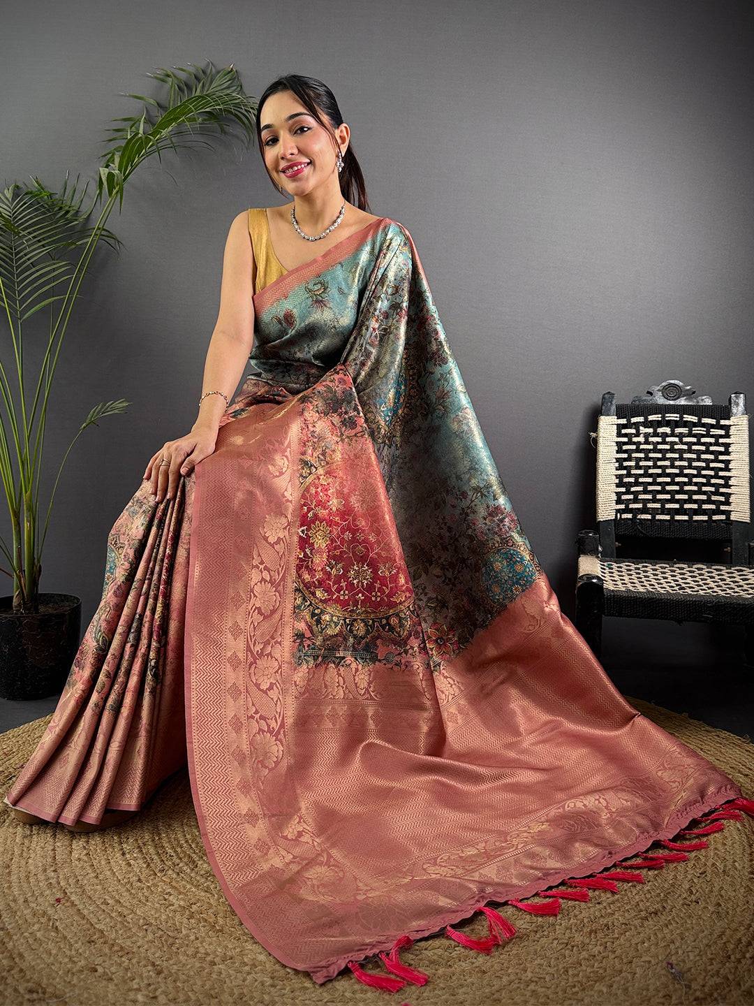 Regal Blue Kanjivaram Silk Digital Print Saree