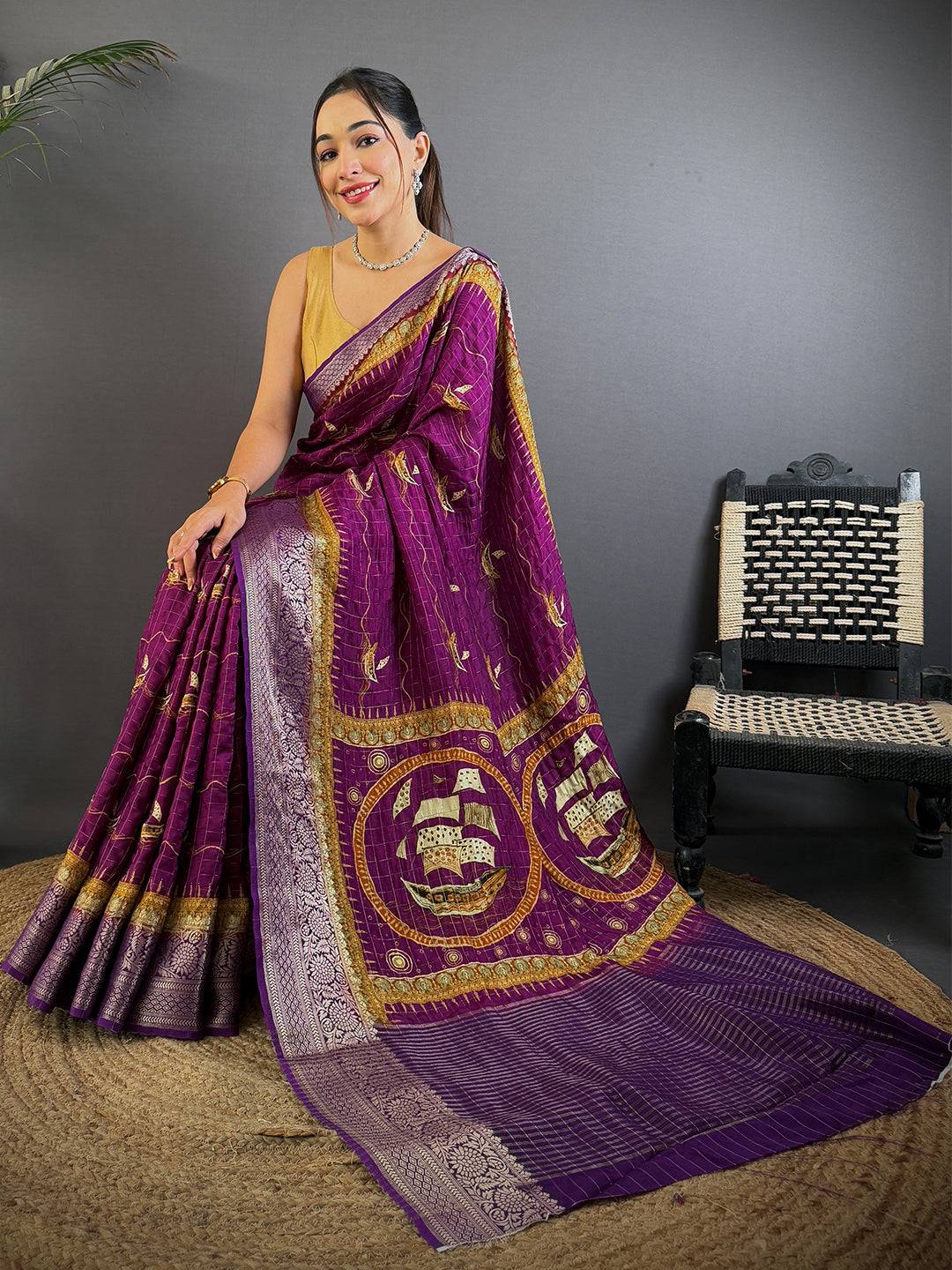 Royal Purple Viscose Block Print Saree
