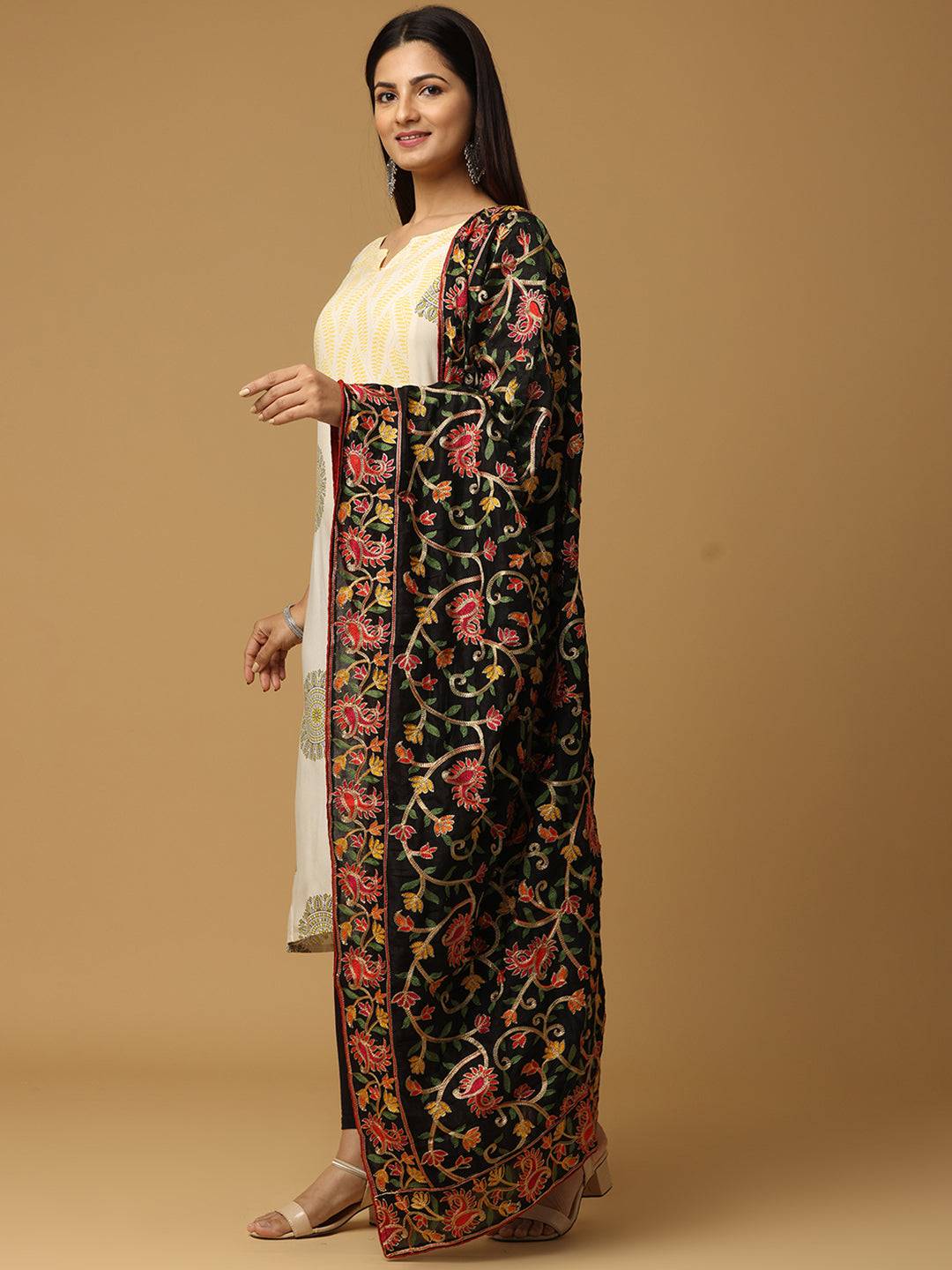 Side view of black chiffon dupatta with vibrant embroidery