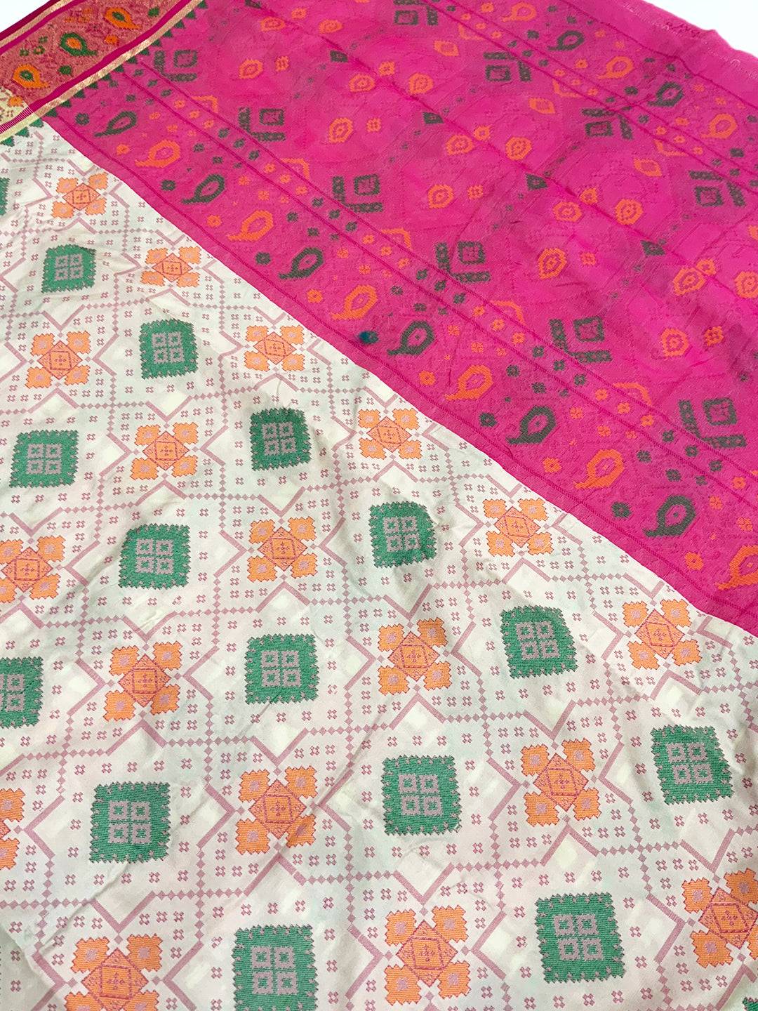 White Soft Silk Saree With Patola Weaving