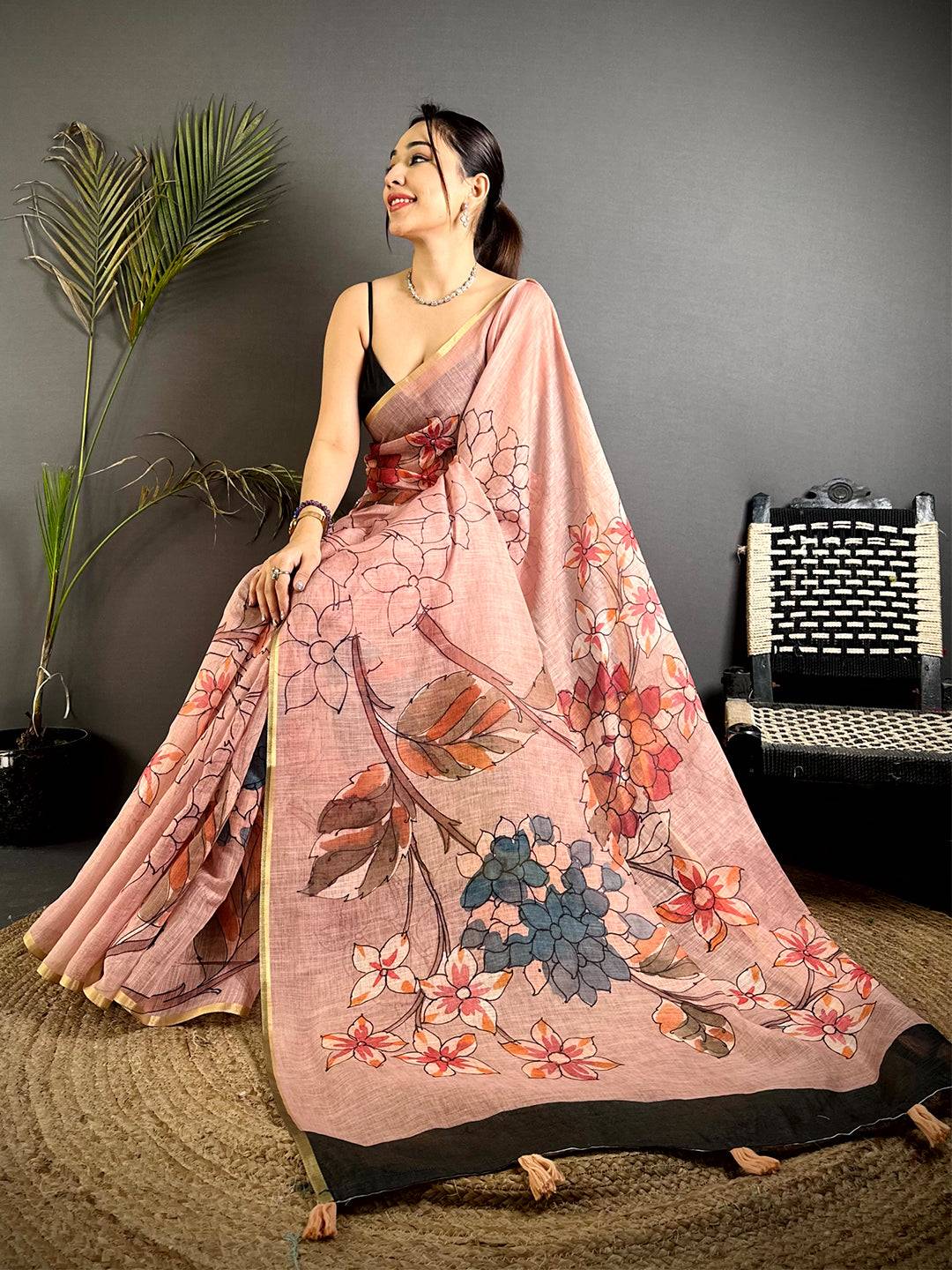 Classic Pink Floral Linen Saree