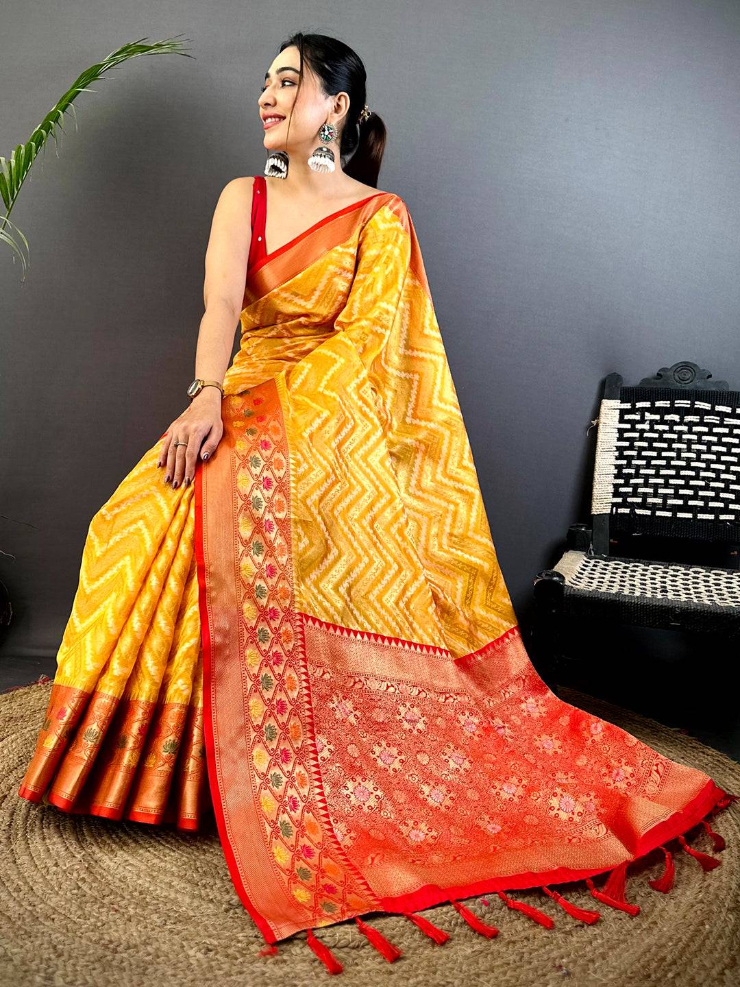 Yellow Banarasi Zic Zac Katan Silk Saree