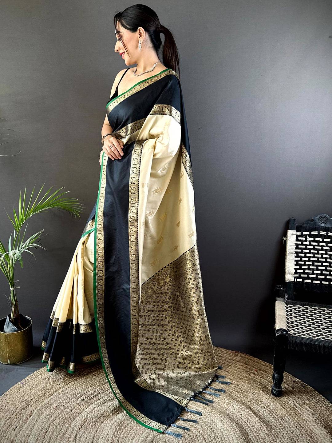 Cream Gadhwal Pure Soft Silk Saree