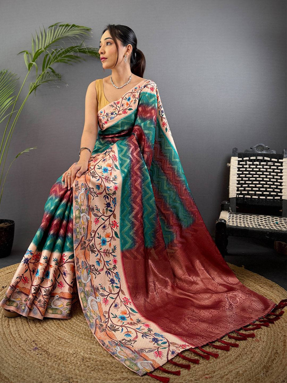Teal Blue Madhubani Print Soft Silk Saree