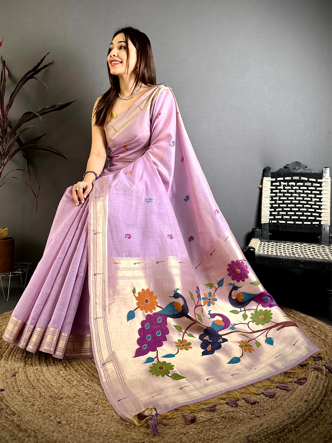 Lavender Munia Minakari Khadi Saree