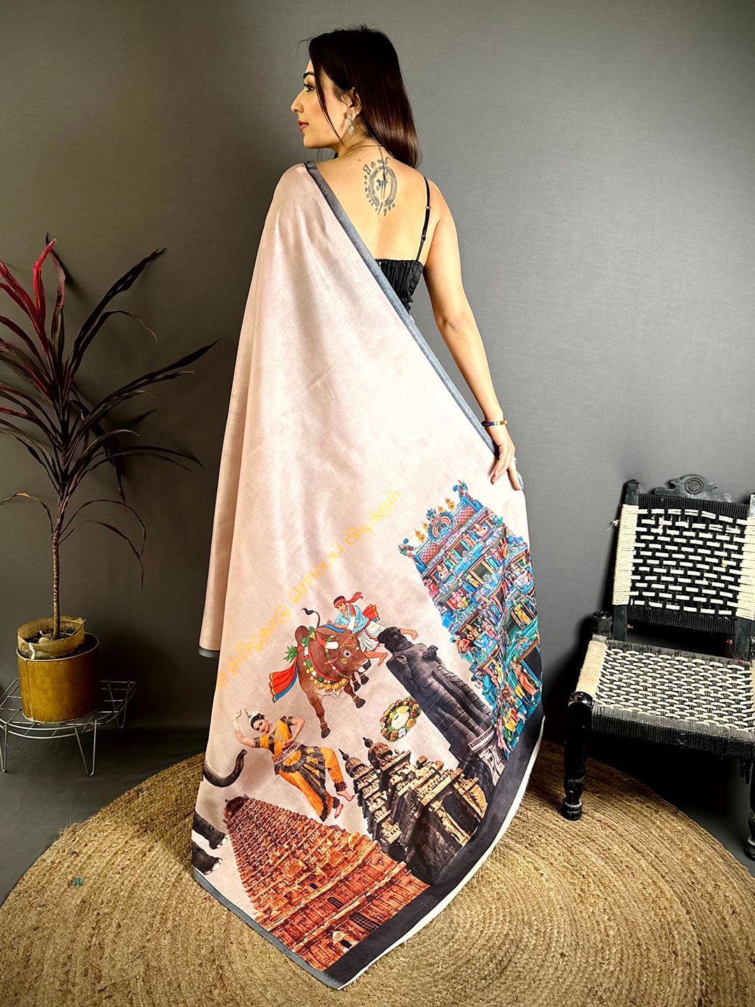 Vibrant Tamil Cultural Icons Digital Print saree