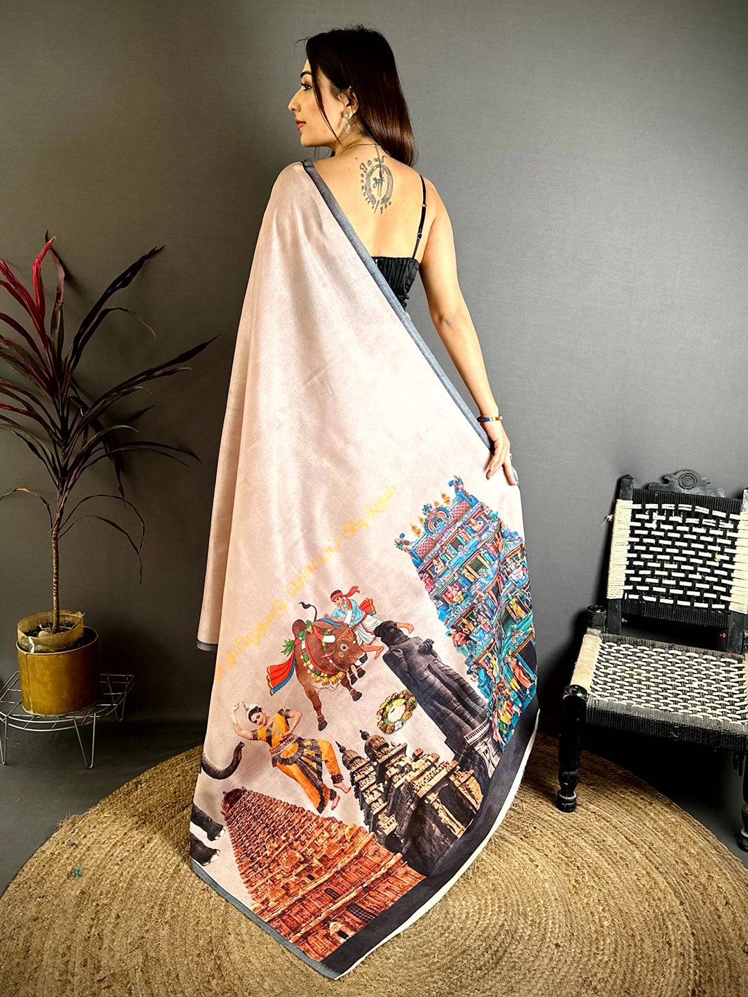 Vibrant Tamil Cultural Icons Digital Print saree