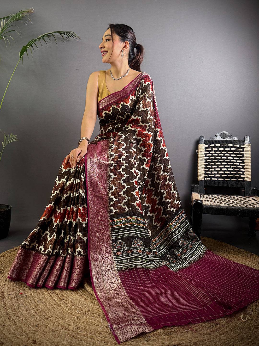 Chocolate Brown Ajrak Print Viscose Saree