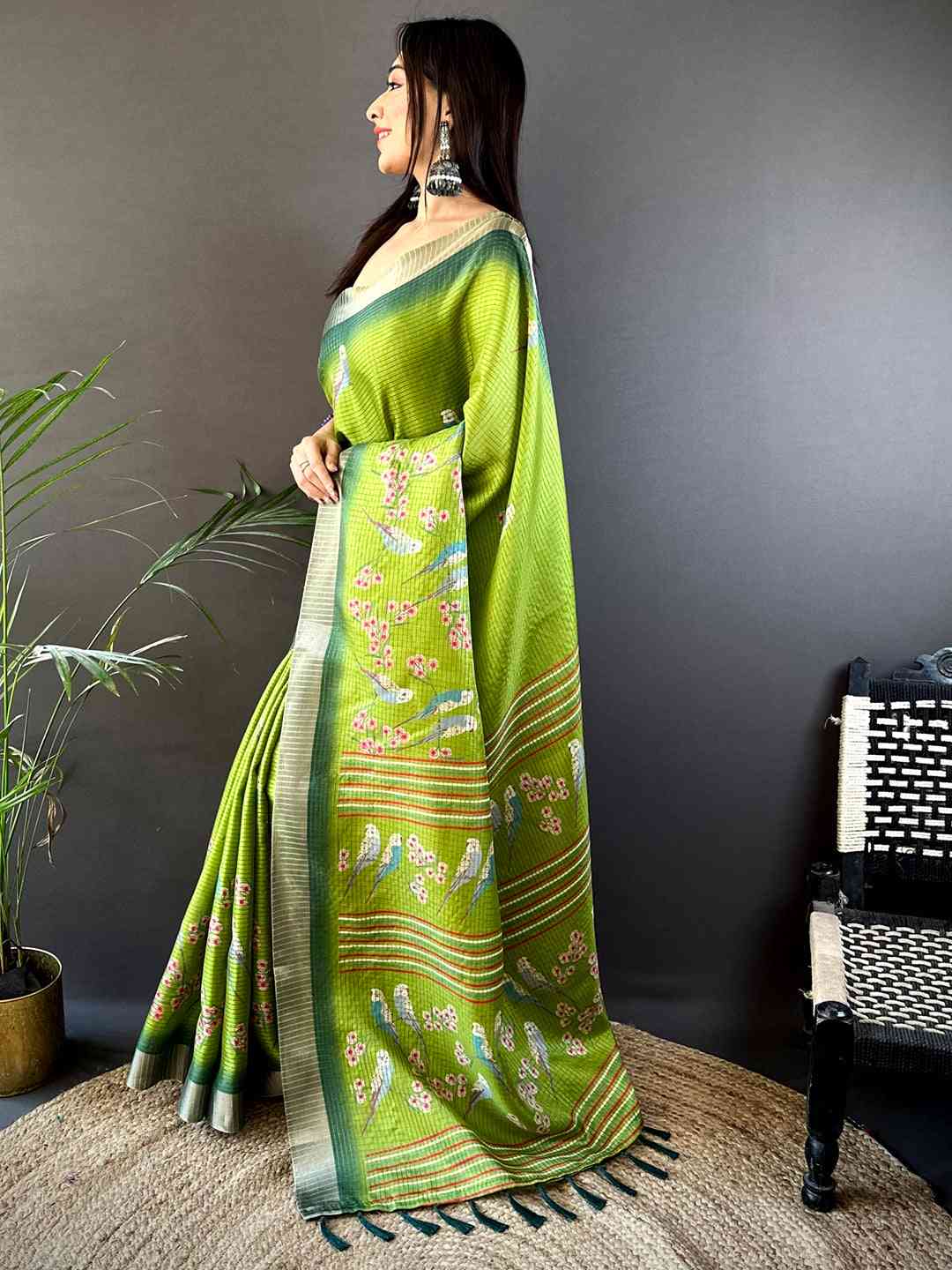 Green Chanderi Check Sparrow Print Saree