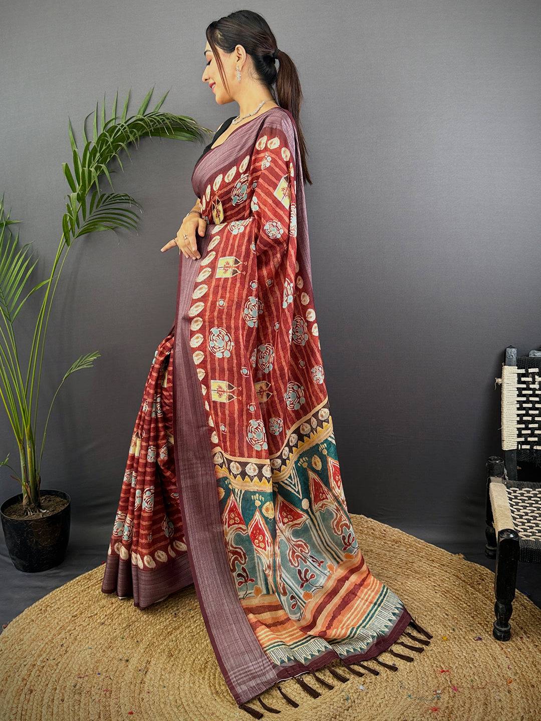 Red Linen Block Kalamkari Print Saree
