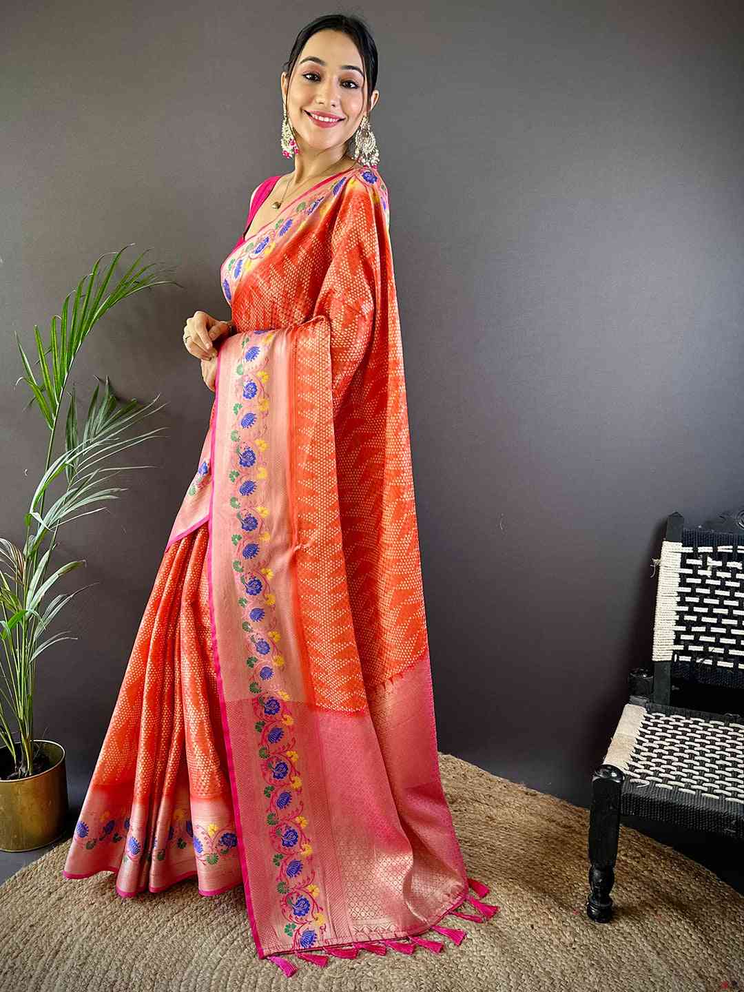 Kora Silk Banarasi Digital Print Saree In Red Colour