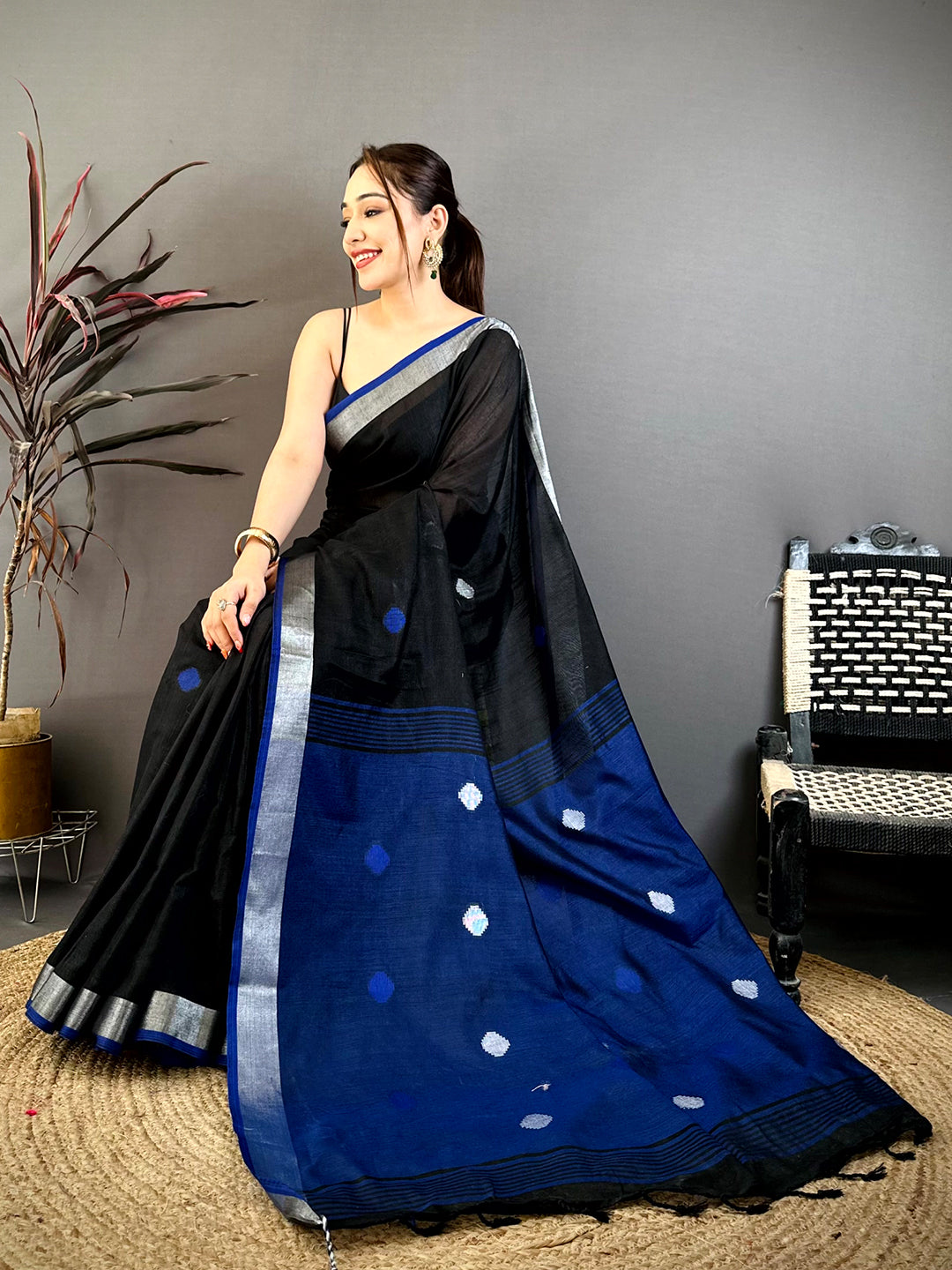 Radiant Minakari Polka Dot Linen Saree