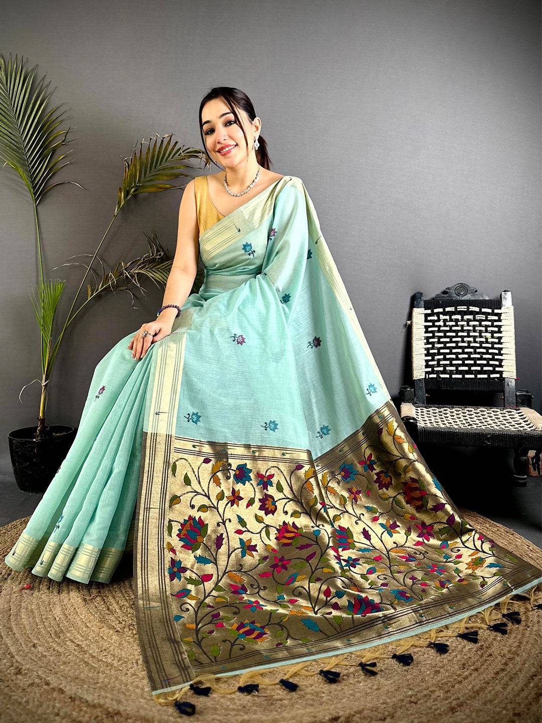 Regal Minakari Butti Khadi Linen Saree