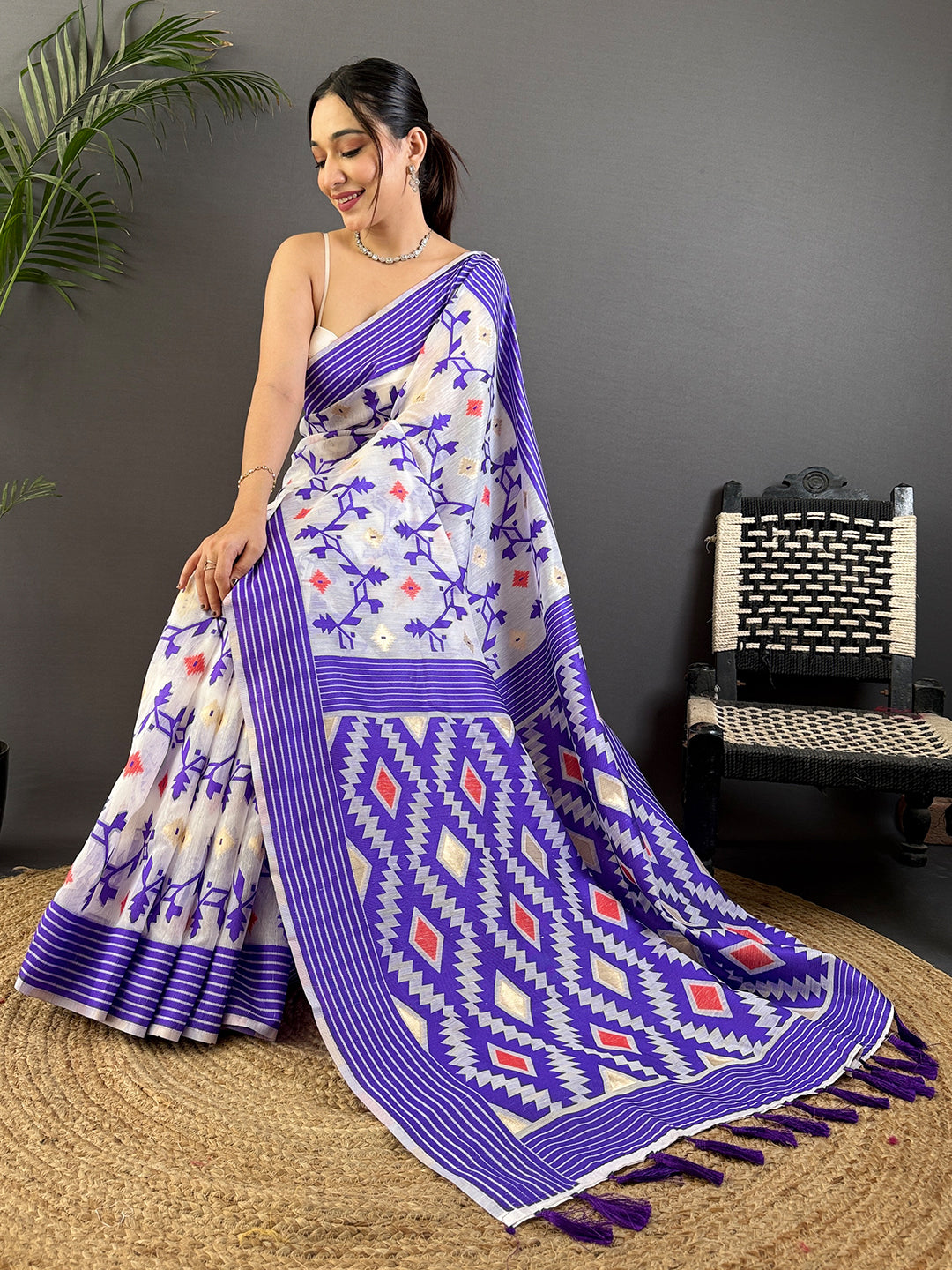 Royal Purple Soft Dhakai Jamdani Silk Saree