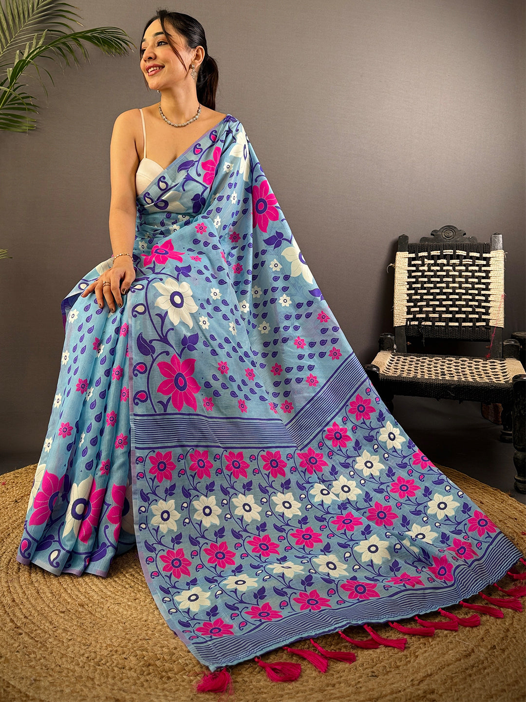 Radiant Sky Blue Dhakai Jamdani Cotton Silk Saree