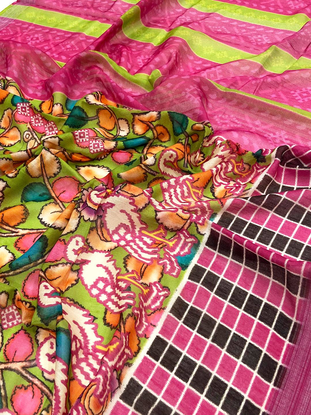 Green Linen Floral Kalamkari Print Saree