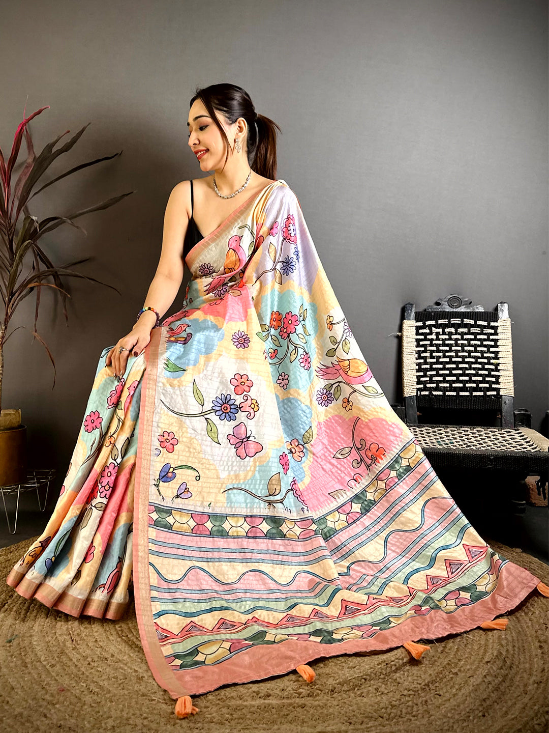 Vibrant Folk Art Tussar Ghicha Saree