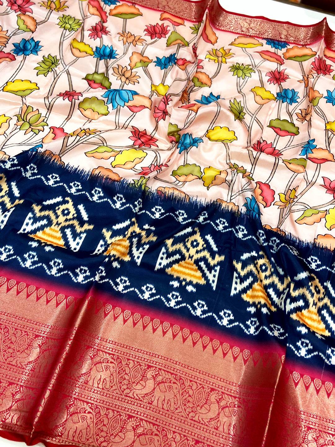 Light Peach Floral Banarasi Silk Saree