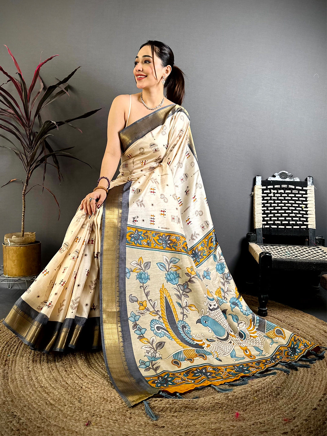 Black Soft Dola Silk Warli Print Saree