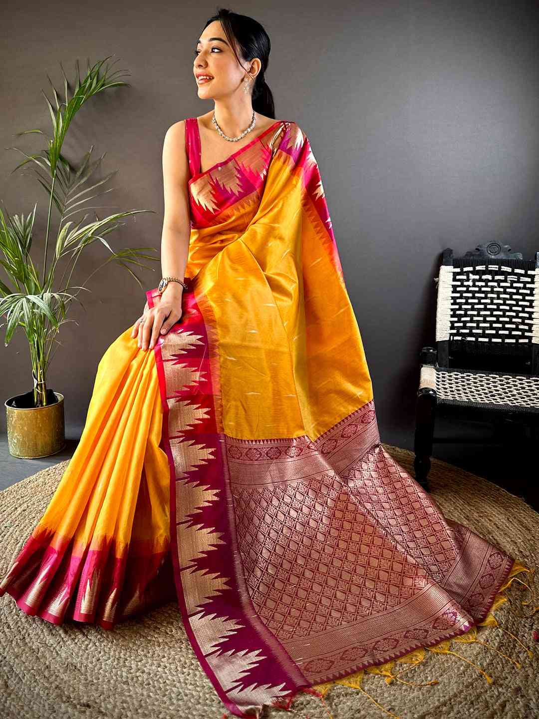 Yellow Banarasi Raw Silk Ikkat Saree