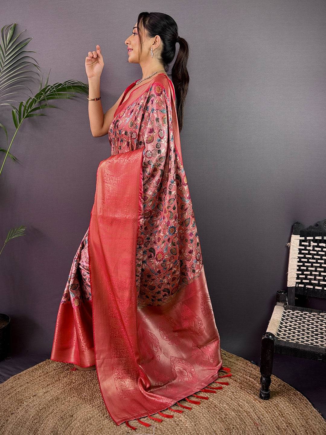 Lavender Cherry Satin Kalamkari Saree