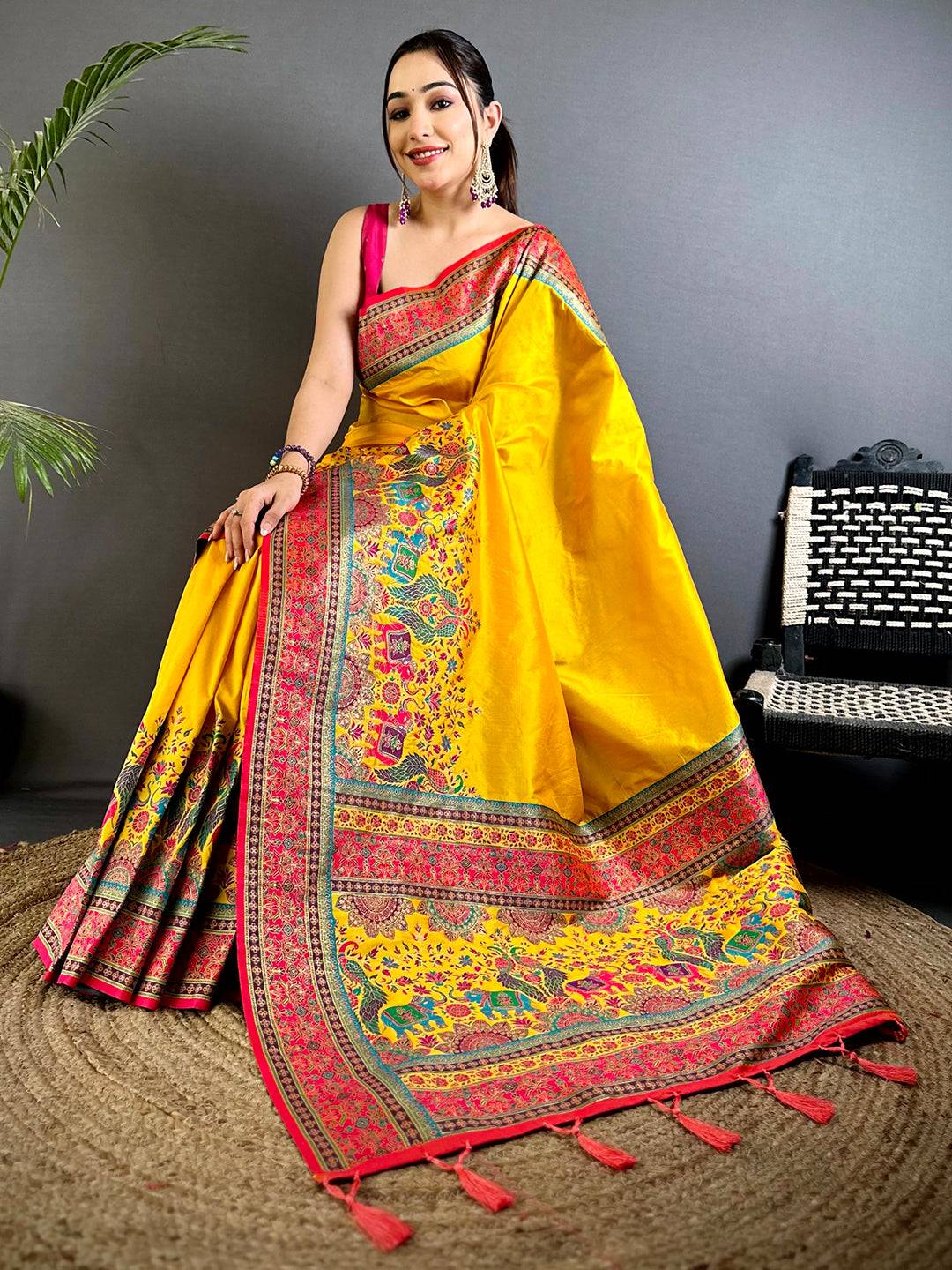 Yellow Kashmiri Art Soft Silk Saree