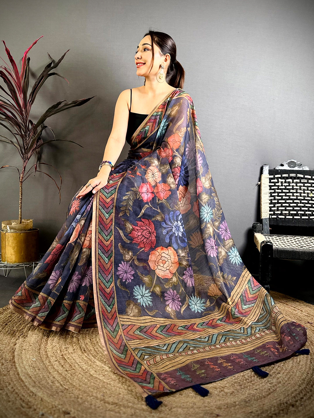Purple Kalamkari Linen Chanderi Saree
