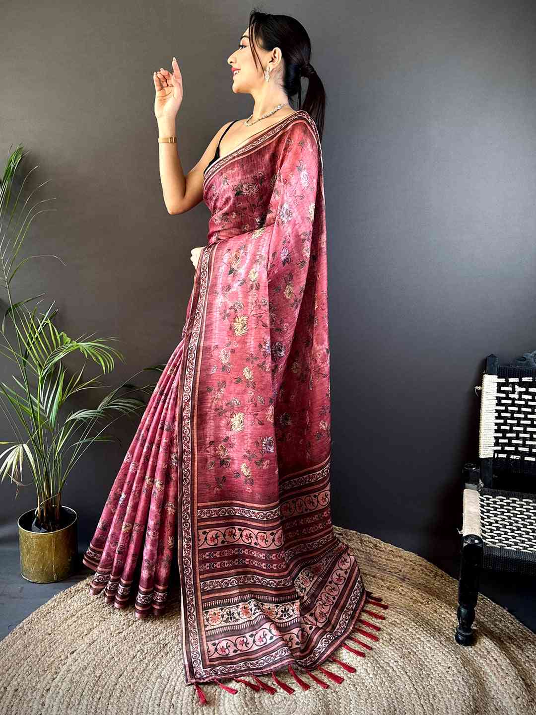 Rose Pink Gold Zari Chanderi Phulkari Saree