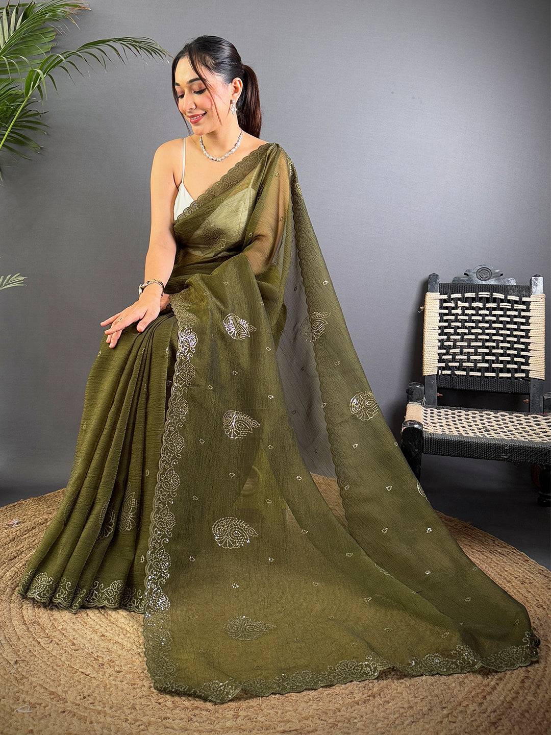 Green Art Silk Sith Embroidery Work Saree